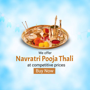 Navratri Pooja Thali with offerings and a 'Buy Now' call to action.