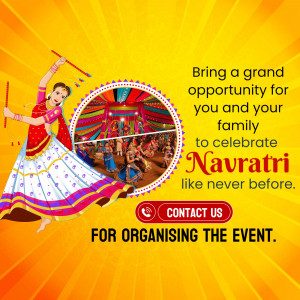 Navratri event advertisement with a woman dancing and a festive gathering.