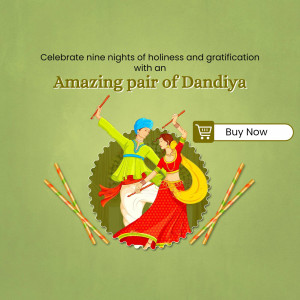 Couple performing Dandiya dance with a 'Buy Now' call to action.