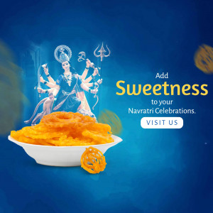 Image of Goddess Durga with sweets for Navratri celebrations