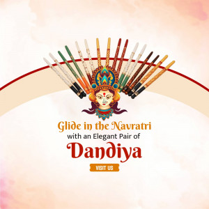Navratri Dandiya sticks and Goddess Durga face with promotional text