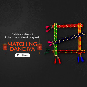 Colorful Dandiya sticks with Navratri celebration text and a 'Buy Now' button.