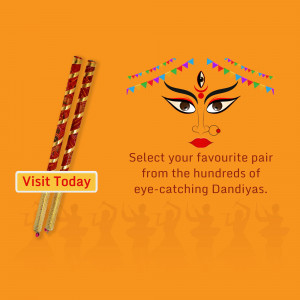 Image of Dandiya sticks with a Durga face and a call to action for Navratri shopping.