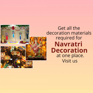 Navratri decoration materials collage with goddess Durga image and promotional text.