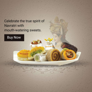 Assortment of Indian sweets for Navratri festival with a deity image and a 'Buy Now' button.