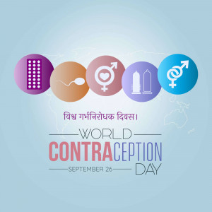 World Contraception Day illustration with various contraception methods and a world map.