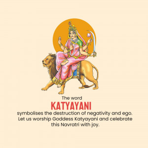Image of Goddess Katyayani riding a lion with text about destroying negativity.