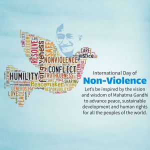 Image depicting Mahatma Gandhi's face formed by words related to peace and non-violence.