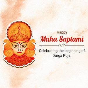 Illustration of Goddess Durga's face with 'Happy Maha Saptami' text