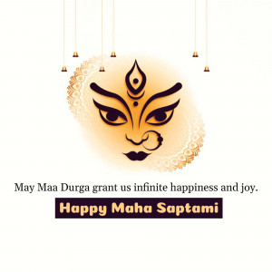 Illustration of Goddess Durga's face with a Maha Saptami greeting.