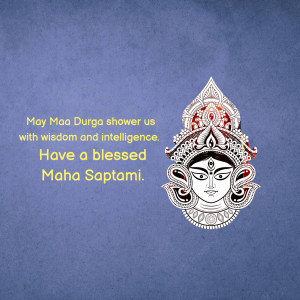 Image of Maa Durga's face with a Maha Saptami greeting.
