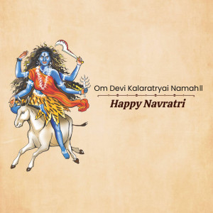 Illustration of Goddess Kalratri riding a buffalo with text 'Om Devi Kalratryai Namahll' and 'Happy Navratri'