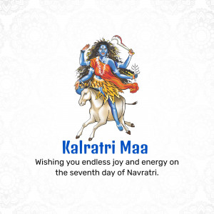 Image of Goddess Kalaratri on a lion, with text 'Kalaratri Maa' and Navratri wishes.