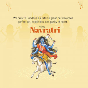 Image depicting Goddess Kalratri on a buffalo, with text wishing devotees happiness and purity of heart.