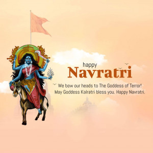 Illustration of Goddess Kalratri riding a donkey with a Navratri greeting.