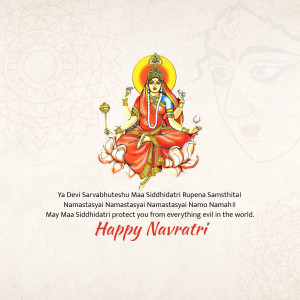 Image of Goddess Siddhidatri with lotus flowers and Navratri greetings.