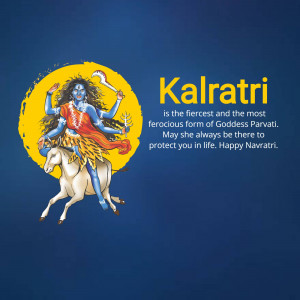 Image of Goddess Kalratri riding a buffalo, with a yellow sun-like halo and text 'Kalratri is the fiercest and the most ferocious form of Goddess Parvati'
