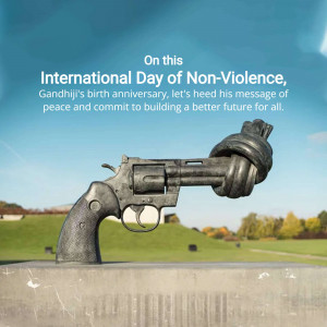 A gun with a knot tied in the barrel, symbolizing peace and non-violence on Gandhi's birthday.