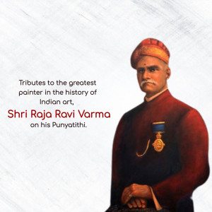Portrait of Shri Raja Ravi Varma with text commemorating his Punyathithi