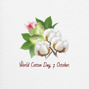 Close-up of cotton plant with text 'World Cotton Day, 7 October'
