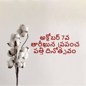A branch of cotton with red Telugu text on a light background.