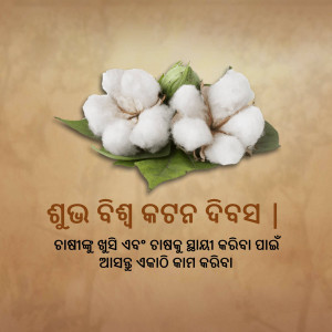 Close-up of cotton bolls with green leaves and Odia text