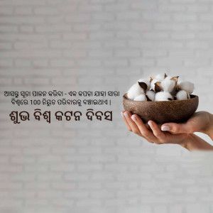 A hand holding a wooden bowl filled with fluffy cotton against a textured white wall with Odia text.