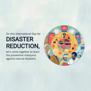 Illustration promoting International Day for Disaster Reduction with people and disaster warning symbols.