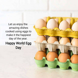 A carton of brown and white eggs with text celebrating World Egg Day.