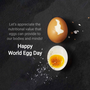 An image celebrating World Egg Day with a whole egg and a halved boiled egg on a dark background.