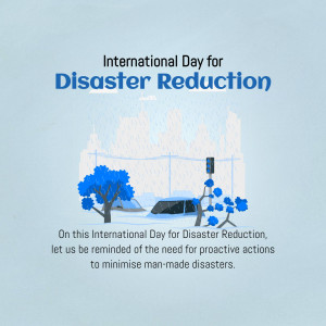 Image commemorating International Day for Disaster Reduction with a cityscape in the background and text promoting disaster mitigation.