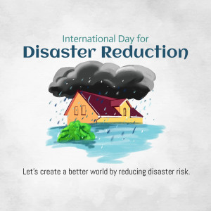 Illustration depicting a house partially submerged in floodwater with dark storm clouds overhead, promoting disaster reduction awareness.