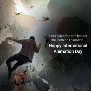 A man falling through a collapsing cityscape with text celebrating International Animation Day.
