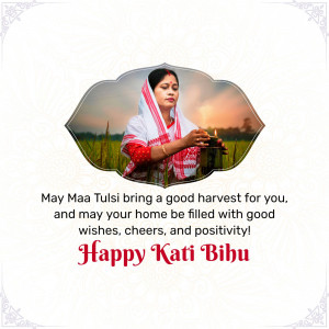 Image of a woman in traditional Assamese attire with a Kati Bihu greeting.