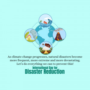Illustration depicting various natural disasters around the Earth with text promoting disaster reduction.