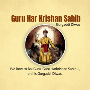 Portrait of Guru Harkrishan Sahib Ji with devotees