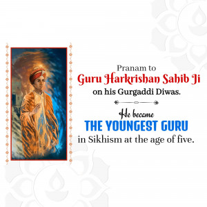 Portrait of Guru Harkrishan Sahib Ji with text commemorating Gurpaddi Diwas
