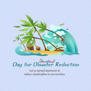 Illustration of a tropical island with waves and palm trees, promoting disaster reduction awareness.