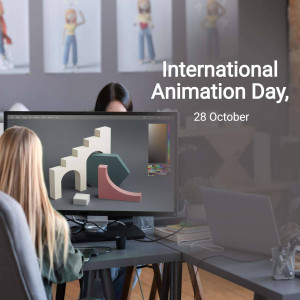 A woman working on animation on a computer with International Animation Day text overlay
