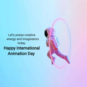 Astronaut floating through a pink ring with text celebrating International Animation Day.