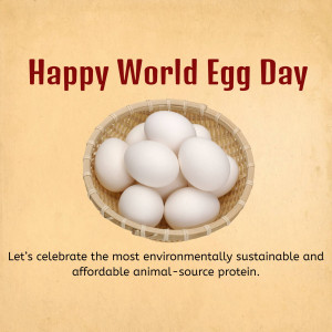 A woven basket filled with white eggs with text celebrating World Egg Day
