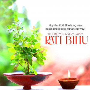 Kati Bihu wishes with a Tulsi plant and diya