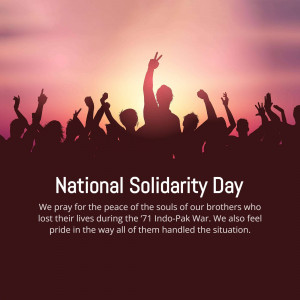 Silhouettes of people raising hands in solidarity against a sunset background with text 'National Solidarity Day'