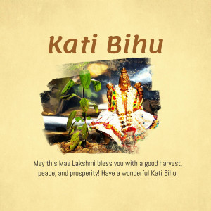 Image depicting Kati Bihu festival with Maa Lakshmi and harvest imagery.
