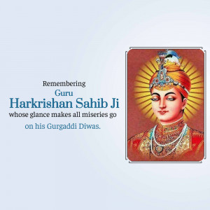 Portrait of Guru Harkrishan Sahib Ji with text commemorating Gurpurb
