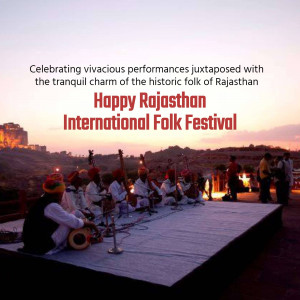 Rajasthani folk musicians performing at sunset with a fort in the background