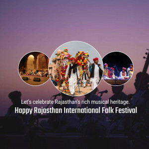 Rajasthan International Folk Festival promotional image with musicians and cultural scenes.
