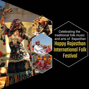 Promotional image for the Happy Rajasthan International Folk Festival featuring traditional Rajasthani dancers and musicians.