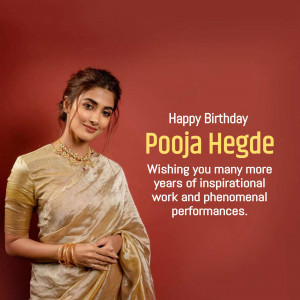 Pooja Hegde in a golden saree with birthday wishes