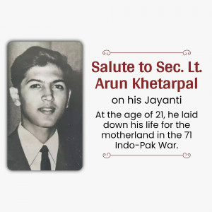Black and white portrait of Sec. Lt. Arun Khetarpal with text commemorating his Jayanti.